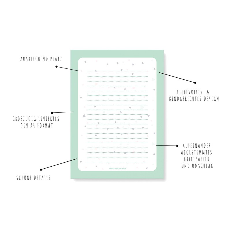 Friendly Fox Letter Paper Set "Triangles", DIN A4 Writing Paper