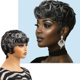Pixie Short Wigs for Black Women Natural Layered black wigs with Bangs for Women Black Synthetic Curly Pixie Wigs Short Hair for Black Women Heat Resistant Fiber Wig for Daily Use (Grey Mixd Black)