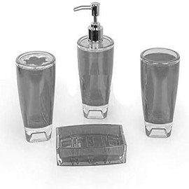 Fingey Modern Design 4 Piece Bathroom Accessory Set, Soap Dish, Tooth Brush Holder, Soap Dispenser, Rinse Cup (Grey)
