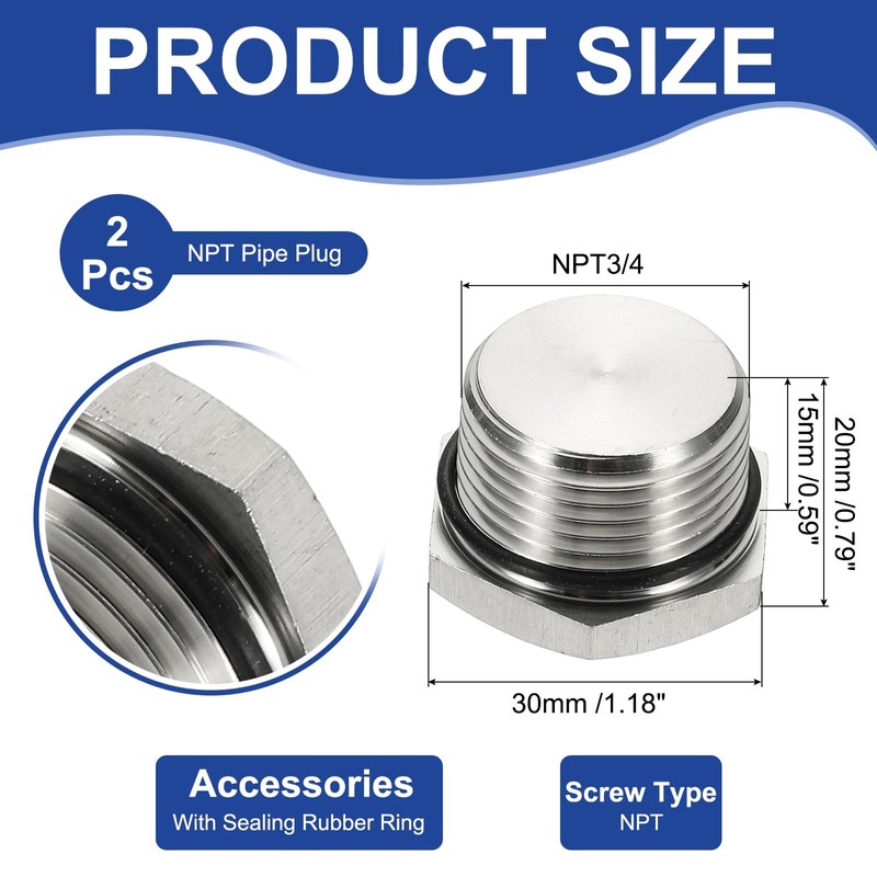 sourcing map NPT Pipe Plug Fitting, 304 Stainless Steel NPT3/4
