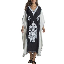 YouKD Summer Print Floral Loose Caftan Boho Beach Bikini Cover Up Dress Plus Size Robe for Women White Black