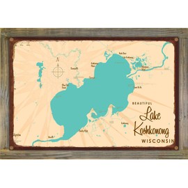 Northwest Art Mall Lake Koshkonong Wisconsin Map Rustic Metal Print on Reclaimed Barn Wood from Illustration by Lakebound 11.5" x 17.5"