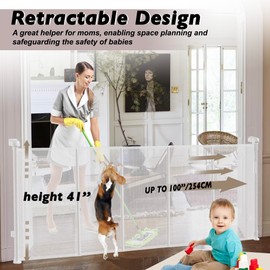 Retractable Baby Gates Dog Gate for Stairs, 100" Wide Retractable Gate Mesh Pet Gate, 41" Extra Tall Child Safety Gate with Fiberglass Rods for Stairways, Doorways, Hallways, Indoor/Outdoor