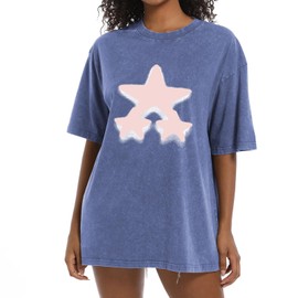 BINTEHGS Star Shirt Oversized Graphic Tees for Women Y2k Grunge Acid Wash Tshirt Vintage Baggy Streetwear Shirts for Teens(Blue,XL)