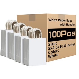 RACETOP White Paper Bags with Handles Bulk 8"x4.5"x10.8" 100Pcs Gift Bags Medium Size, White Gift Bags with Handles, Gift Bag Bulk for Retail, Party, Shopping, Merchandise