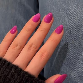 KQueenest Soft Gel Press on Nails Short Oval, Hot Pink Cat Eye Press on Nails Short Almond, Sparkly Vibrant Fushia Fake Nails Set, Glass Mirror Effect, Reusable Chrome Glue on Nails for Women, 30 Pcs