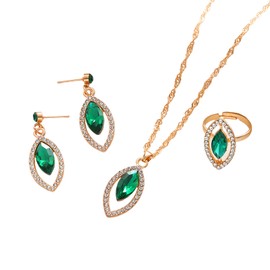 Crystal Necklace Earrings Sets Vintage 4Pcs Rhinestone Teardrop Ring Jewelry Sets for Women (Green)