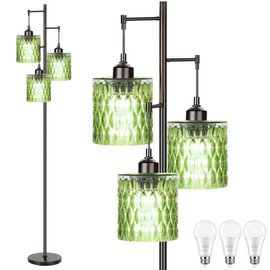 AHDWDW Black Floor Lamp for Living Room Bedroom,Mid Century Modern Floor Lamps with Green Glass Shades,3 Lights Vintage Tree Floor Lamp for Corner Office,68IN Tall Standing Lamp with Bulbs