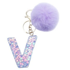 Xsclpomddy Girls Alphabet Letter Key Ring Cute Keyring Glitter with Pom Pom Tassels Resin Keychain Purple for Bag Charm, V