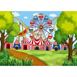 CORFOTO 7x5ft Fabric Cartoon Amusement Park Backdrop for Photography Circus Tents Ferris Wheel Roller Coaster Carousels Circus Background for Carnival Themed Party Decor Photo Studio Props
