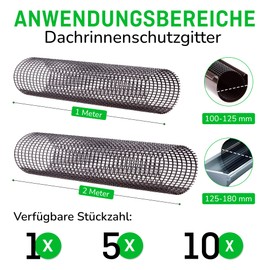 PWS 1 x 2 m Gutter Protection, Diameter 100-125 mm, Leaf Guard for Rain Gutter, Gutter Grille, Leaf Catcher, UV-Resistant, Easy Assembly, Black, Leaf Stop, Leaf-free Gutter