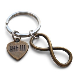 JewelryEveryday Bronze Infinity Symbol Charm With 8 Tally Mark Heart Charm Keychain, 8 Year Anniversary - You and Me for Infinity