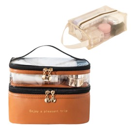 KAKKOII Makeup Travel Bag, Portable Cosmetic Bag, Double Layer Large Organizer Bag, Large Capacity Toiletry Bag,Makeup Brush Organizer Cosmetics Pouch Bag, BROWN, Modern, Easy Clean, Protable, Large