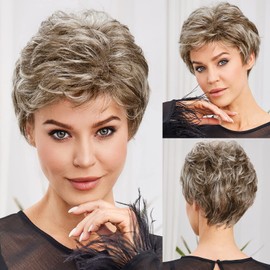 EMMOR Short Sandy Blonde Wigs for Women Memory Fiber Simulated Human Hair Pixie Curly Wig With Bang,Natural Daily Use Hair(Color 17/101#)