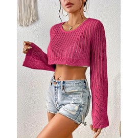 Women Crochet Sweater Lightweight Cropped Summer Tops Long Sleeve Hollow Out Knit Cover Up Hot Pink