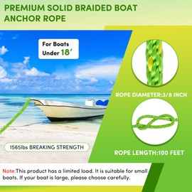 Premium Anchor Rope 100 ft x 3/8 inch, Solid Braid MFP Anchor Line Boat Rope with Thimble & Shackle - Green/Yellow