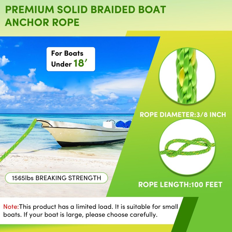 Premium Anchor Rope 100 ft x 3/8 inch, Solid Braid