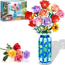 CUBIMANA Rose Flower Kit with Vase and LED Light, 16 Mini Bouquets Botanical Building Block Toys for Adults, Mother's Day Gift, Artificial Flowers for Home Decoration and Display