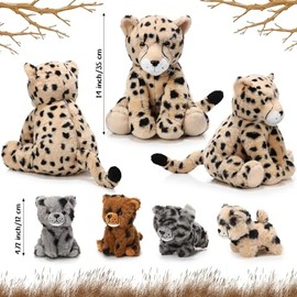 5 Pcs Cheetah Stuffed Animals Set Large Mommy Cheetah Plush with 4 Soft Cuddly Baby Cubs in Her Tummy for Boys Girls Birthday Graduation Gifts Forest Party Decors(Sitting Style)