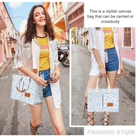 Canvas Tote Bag for Women with Pockets Crossbody Bag Tote Shoulder Handbags Casual Work Bags Everything Tote Bag (Blue Flower)
