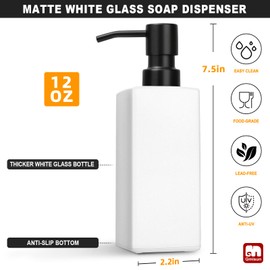 GMISUN White Soap Dispenser Bathroom, Hand Glass Soap Dispenser with Stainless Steel Pump, 12 fl oz/350ml Dish Dispenser for Kitchen, Modern Refillable Liquid Soap and Lotion Dispenser for Countertop