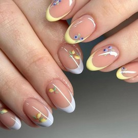 Yellow French Tip Press on Nails Short Almond Fake Nails with Fruit Designs Glossy Gule on Nails Summer False Nails Artificial Stick on Nails for Women 30Pcs