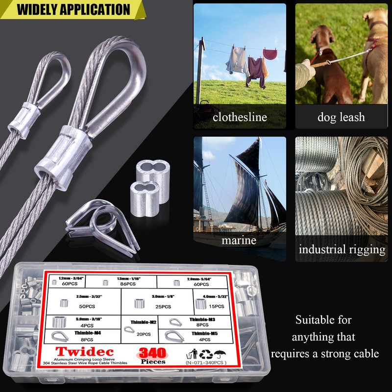 Twidec/340PCS 304 Stainless Steel Wire Rope Cable Thimbles and Aluminum