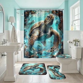 JPSBJWJ 4 Pcs Ocean Shower Curtain - Sea Turtle Shower Curtain Under The Sea Curtain for Bathroom Ocean Bathroom Sets with with 12 Hooks