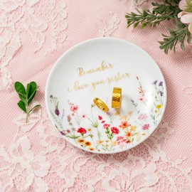 Crisky Jewelry Ring Dish for Sister Birthday Gifts, Thinking of You Gift for Sister Thanksgiving Day Christmas Graduation Gift Ideas (I Love You Sister) Floral Thrinket Tray