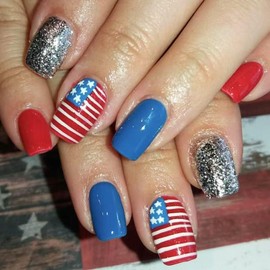 24Pcs Independence Day Press on Nails Medium Square Fake Nails American Flag Full Cover Acrylic Nails 4th of July False Nails Glitter Silver Glue on Nails Patriotic Artificial Nails for Holiday Nails