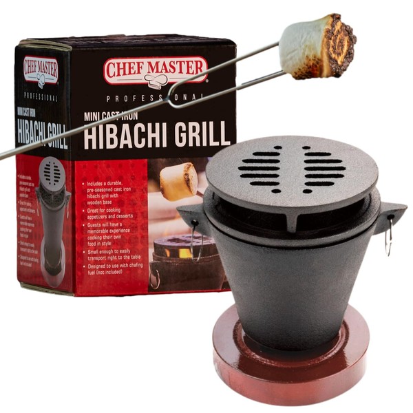 Chef Master Mini Hibachi Grill | Japanese Hibachi Grill Indoor | Fun with Family & Friends | Wooden Base | Indoor Smores Maker | Cast Iron Min Hibachi Grill Pan | Smores Maker