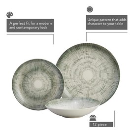 Corona 12-Piece Textured Modern Textured Finish Ceramic Dinnerware Sets, Plates and Bowls, Service For 4, Microwave and Dishwasher Safe, Elara