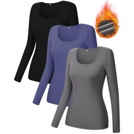 Ficerd 3 Pack Women's Thermal Long Sleeve Shirts Fleece Lined Scoop Neck Stretch Fitted Tops Winter Base Layer Underwear(Black, Haze Blue, Dark Gray,XXL)