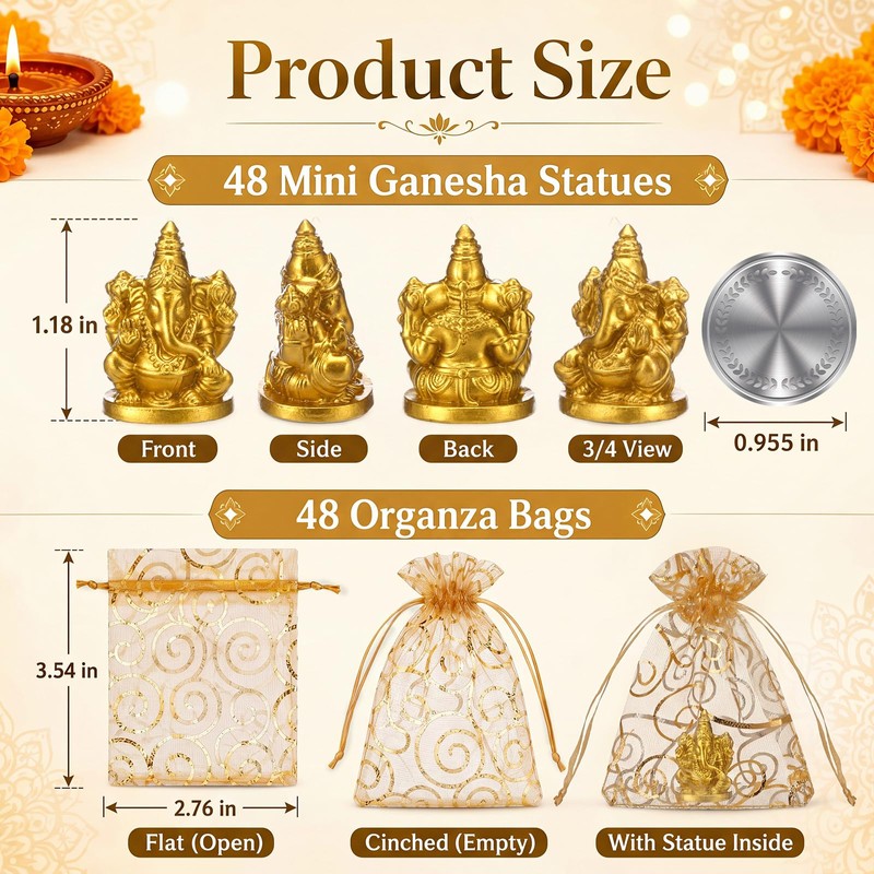 48pcs Mini Ganesha Statue Bulk Indian Return Gift for Puja,