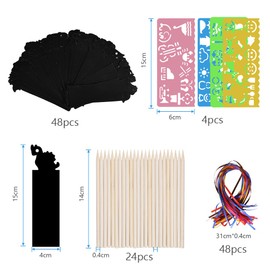 Vicloon Scratch Pictures for Children, 48 Pieces Scratch Picture Dinosaur y Small Animals, Scratch Pictures Bookmark with 24 Wooden Pens and 48 Ribbons, 4 Drawing Templates for Party DIY Gift Tags