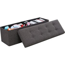 Ornavo Home Foldable Tufted Linen Large Storage Ottoman Bench Foot Rest Stool/Seat - 15" x 45" x 15" (Black)