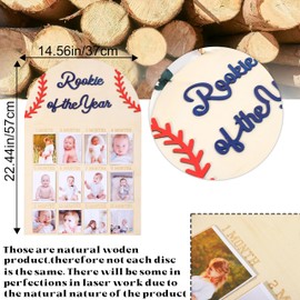 One Year Wooden Photo Decorations - Baseball 1st Birthday Photo Board, Rookie of the Year, 12 Monthly Milestones Decor