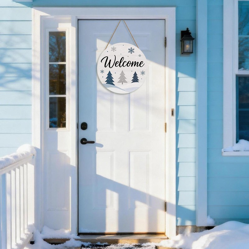 Winter Welcome Door Sign,Wooden Snowy Pine Tree Door Decor
