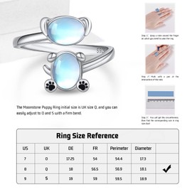 Dog Ring 925 Sterling Silver Adjustable Open Ring Synthetic Moonstone Ring Cute Animal Dog Jewellery Gift for Girls Women, Sterling Silver, Cubic Zirconia