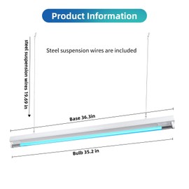30W UV Sanitizer Light, Powerful UVC Lamp with Steel Suspension Wires, UV Sanitiztion Linear Light for Large Spaces-School, Factory, Hospital, Ozone-Free UVC Linear Batten 253.7nm, T8 G13 35.43 in
