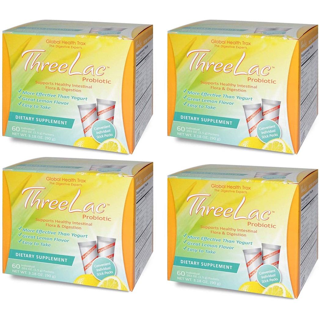 Threelac Probiotic Natural Lemon Flavor Dietary Supplement (4 Boxes) 60 Packets Supports intestinal and Digestive Health