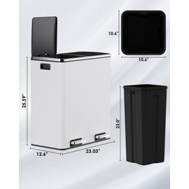 Arlopu Dual Trash Can, 2 x 8 Gallon (2 x 30 L) Hands-Free Trash and Recycle Bin Combo, Stainless Steel Kitchen Garbage Can with Soft-Close Lid, Removable Inner Buckets, Step Pedal, Airtight (White)