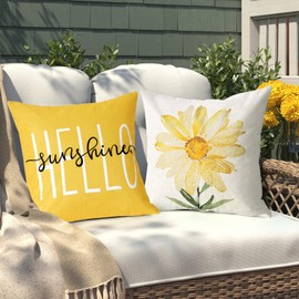 Dremisland Summer Pillow Covers 18x18 Set of 4 Hello Sunhine Pillow Case Farmhouse Sunflowers Floral Throw Pillow Covers Yellow Linen Cushion Case Summer Decor for Sofa Couch Indoor Outdoor Home