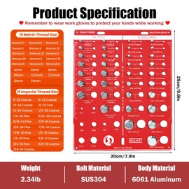 Thread Checker, 42 Nut and Bolt Identifier Gauge, Bolt Size and Thread Gauge, Thread Pitch Gauge, 19 Standard and 15 Metric Sizes Bolt Identifier Board with 8 Drill Bit Gauge (Red)