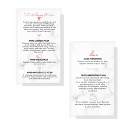 Teeth Whitening Aftercare Instructions Cards | 50 Pack | Size 2x3.5" inch Business Card | Wallet Sized Rose Gold Icons on Marble Design