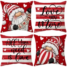 Red Valentine's Day Pillow Covers, 18 x 18 Inch Striped Throw Pillows Valentine Gnomes Decorative Cushion Case Decoration for Sofa Couch Set of 4