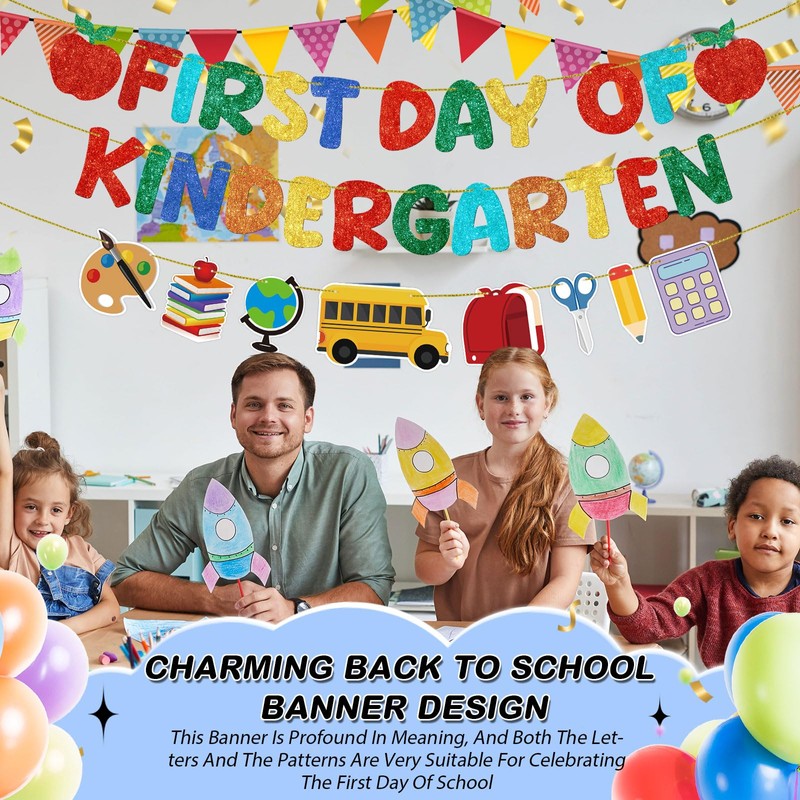 Fulmoon First Day of Kindergarten Banner Glitter Back to School