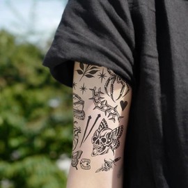 Oottati 20+ Pieces Old School Temporary Tattoos for Adults Men Women, Gothic Skull Spider Rose Dagger Fake Tattoo Stickers, Waterproof Long Lasting Black Body Art for Arm Wrist