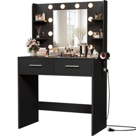Furmax Make up Vanity Desk with Mirror and Power Outlet, Vanity with 3 Color Light Options Adjustable Brightness,Vanity Desk with 2 Drawers, 6 Storage Shelves (Black, No Bench)