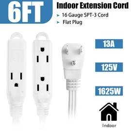 GREATIDE Cable de extensión de 3 salidas de 6 pies con enchufes y contactos planos, 3 clavijas a tierra, 16/3 SPT-3 cable de alimentación duradero para uso en interiores, blanco, paquete de 2